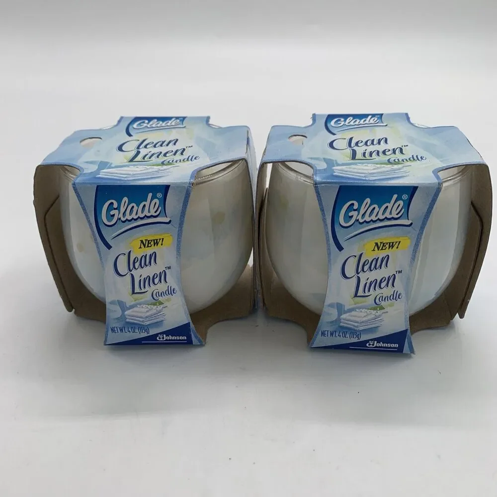2 Glade CLEAN LINEN GLASS JAR CANDLES 4 Oz. Each Candle From Year 2004
